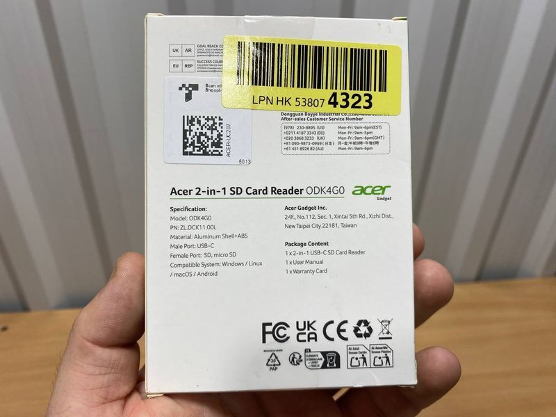 Зчитувач карт Acer USB-C SD/MicroSD алюмінієвий OTG із кабелем 15 см а9.54 фото